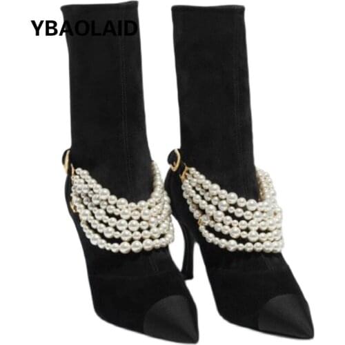 Color Matching Pearl Chain Stretch Boots 2021 Autumn and Winter New Pointed Back Zipper Stiletto High-heeled Ankle Boots