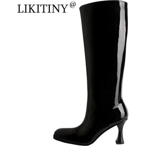 LIKITINY Winter Autumn Fashion Strange Style Heel Slip on Womens shoes Square Head Genuine leather burgundy Knee high boots