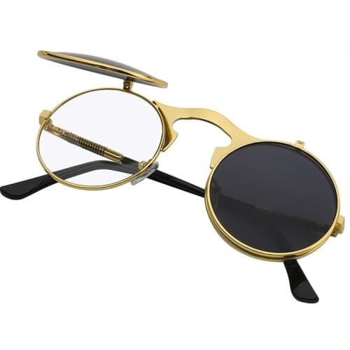 Classic Flip Up Sunglasses Clip On Double Lens Round Steampunk Mirror Glasses Unisex Women Men