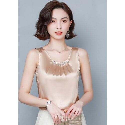 Ice Silk Tops for Women Satin Beading Pleated Female Tank Top Sexy Woman Vest White Basic Plus Size Top Sleeveless clothing