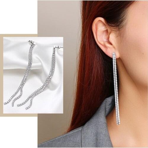 Womens Shinny Long Tassel Dangle Earrings,Full Bling AAA CZ Stones Double Lines Shaped Drop,Temperament Party Wedding Ear Clip