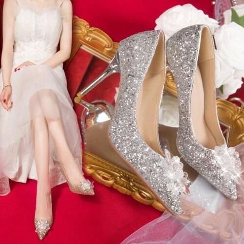 2021 European Wedding Shoes Female White Drill Rhinestone Crystal Stiletto Pointed Red Bridal Shoes Fashion High Heels