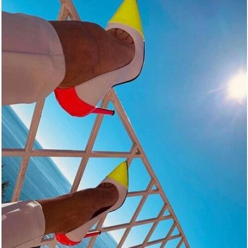 Moraima Snc Color Patchwork High Heel Shoes Pointed Toe Thin Heels Woman pumps Rose Pink Super High Party Dress Shoe