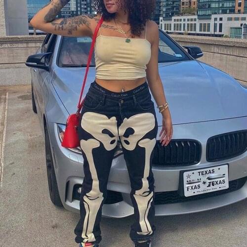 Women Low Waist Slim Jeans Y2K Grunge Black Casual Denim Pencil Pants Bones Skull Printed Safari Trousers Autumn Punk Streetwear