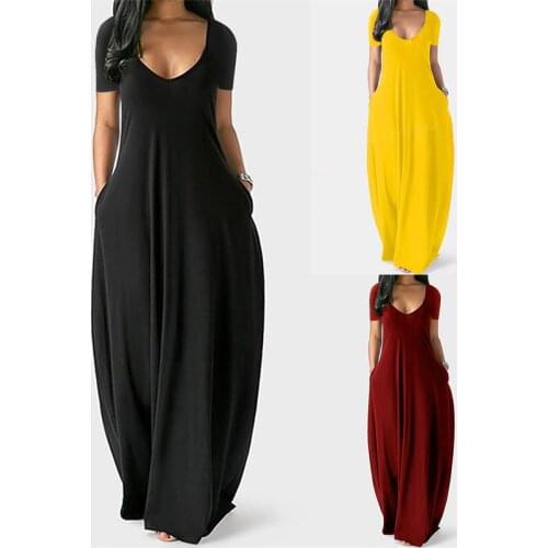 Summer V-Neck Long Dresses Women Vintage Short Sleeve Pockets Maxi Dress Female Elegant Solid Color Oversize Beach Party Dress