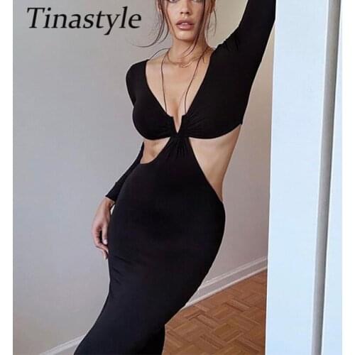 Tinastyle Black Deep V Neck Sexy Bodycon Dress for Women Long Sleeve Skinny Bodycon Autumn Dress Casual Cut Out Slim Streetwear