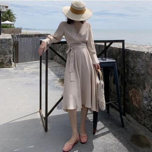 2020 spring Summer Women Black Chiffon Women dress Big Size Long Trench New V-collar Long Sleeve Loose Fit dress Fashion Spring
