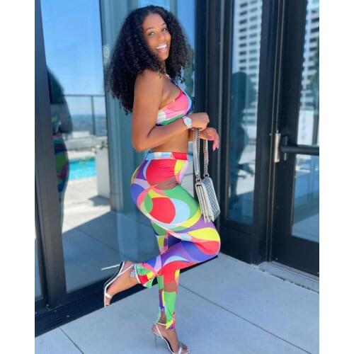 2021 Best Quality Famous Brand Women Set 2Pcs Halter Camisole Print Sexy Club