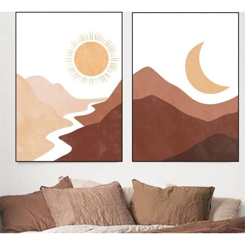 Abstract Landscape Wall Art Paintings Boho Sun And Moon Poster Neutral Art Print Minimalist Wall Pictures Living Room Home Decor