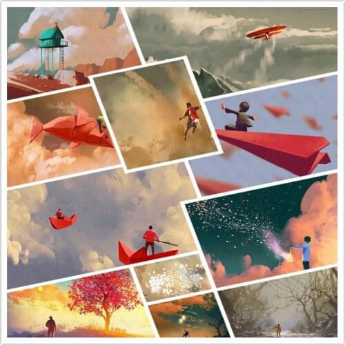 Diy Diamond Painting Creative Red Tie Paper Airplane Paper Boat Fish-Shaped Spaceship Carrying People Flying In The Air Poster