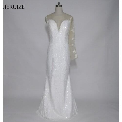JIERUIZE White Sequin One Long Sleeve Mermaid Long Evening Dresses Long Prom Party Dresses vestido de festa robe de soiree