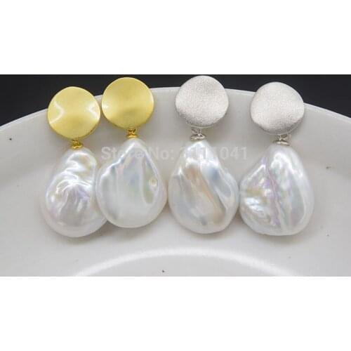 Freshwater pearl white reborn keshi baroque coin S925 hook earrings FPPJ wholesale beads nature