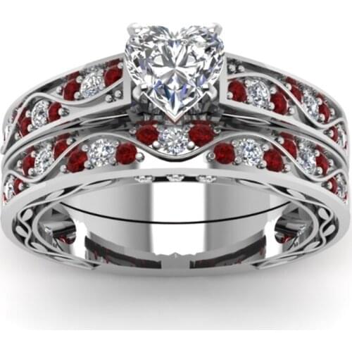 Carofeez Cute Heart Rings Set For Women Fashion White/Red Rhinestones Zircon Wedding Band Jewelry Accessories Girl Gift