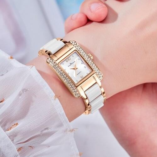 Vintage Ceramic Watch for Womens Luxury Rhinestone Square Waterproof Watch Quartz Wrist Watch Business Clock Gift Montre Femme