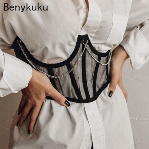 Punk Metal Chain Black Corset Mall Goth High Waist Corsets Harajuku Vintage Mesh See Through Waist Shaper Gothic Women Corsets