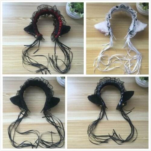 Japanese Harajuku Maid Cosplay Headdress Lovely Cat Ear hairpin Ribbon Sweet Lolita Girls maid cos Headband