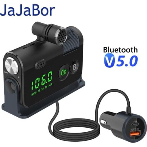 JaJaBor Bluetooth 5.0 FM Transmitter Car Handsfree QC3.0 + USB Type-C Car Charger Aux Radio Adapter Bass Sound Music MP3 Player