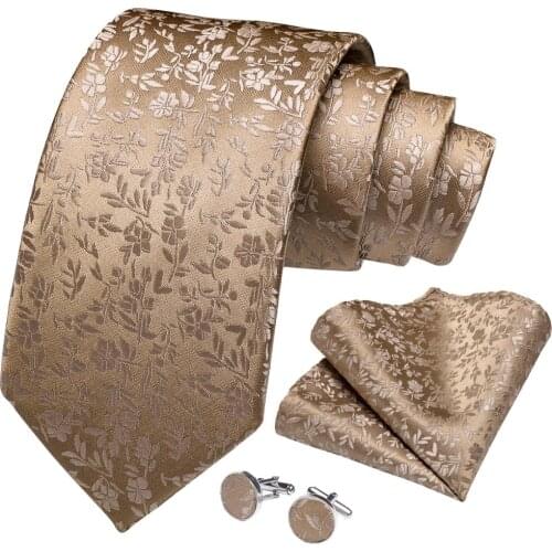 Quality Men Tie Gold Solid Floral Silk Wedding Tie For Men Hanky Cufflinks Business Gift Tie Set DiBanGu New Designer SJT-7270