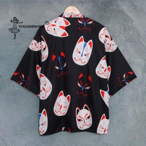 Fox Mask Cool Printing Japanese Kimono Cosplay Women Fashion Style Sun Protective Clothing Summer Casual Short Sleeve Streetwear