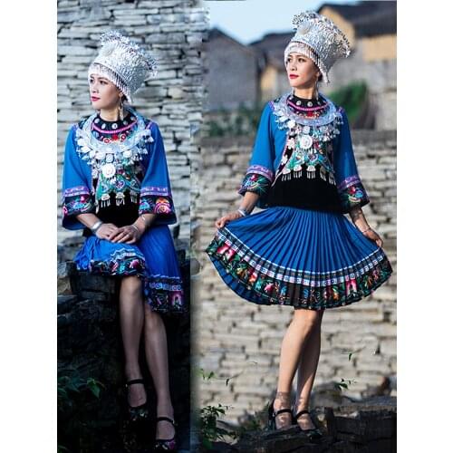 Chinese Costumes Hmong Clothes Ethnic Style Embroidery Blue Folk Dance Performance Costume Adult Outfit Women Miao Hat Clothing