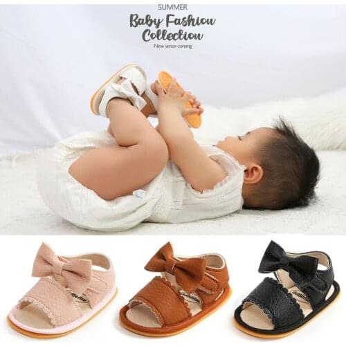 2021 Baby Girls Summer Bow Knot Sandals Newborn Infant Baby Girls Flat Sandals Shoes Solid Non-slip PU Leather Breathable Toddle
