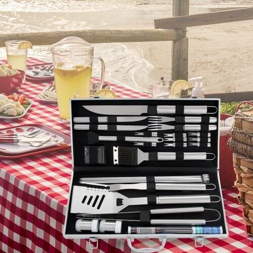 Stainless Steel BBQ Tools Set Barbecue Grilling Utensil Accessories Camping Outdoor Cooking Tools Kit with Aluminum Box