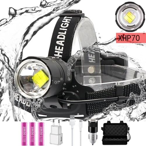 12000LM XHP70 Super bright light led Headlamp USB rechargeable Fishing Camping Zoomable High power headlamp Use 16850 batteries