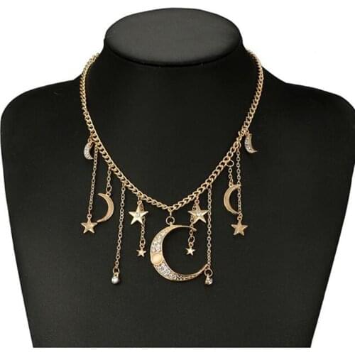 New Shiny Moon Star Pendant Rhinestones Crystal Tassel Link Chain Clavicle Choker Necklace For Women Party Jewelry