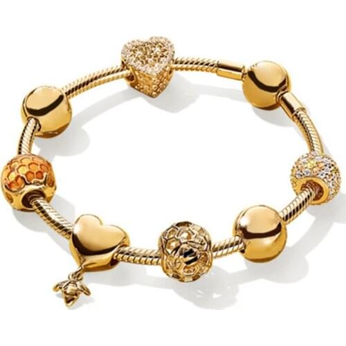 NEW 100% 925 Sterling Silver Brand New Bracelet Suit 18 Gold Color Love Honey Honeycomb Bracelet Set Fit DIY Sweet Gift