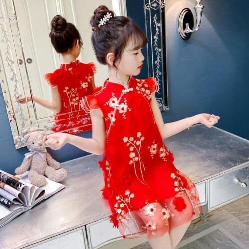 Girls Sleeveless Embroidery Fashion Cheongsam Qipao Kids Chinese Style Children Retro Hanfu Red Pink Summer Lace Dress Vestido
