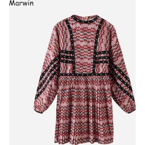 Marwin 2021 New-Coming Spring Print Pleated Dress O-Neck Knee-Length Rivet Fit And Flare High Street Style Women Dresses
