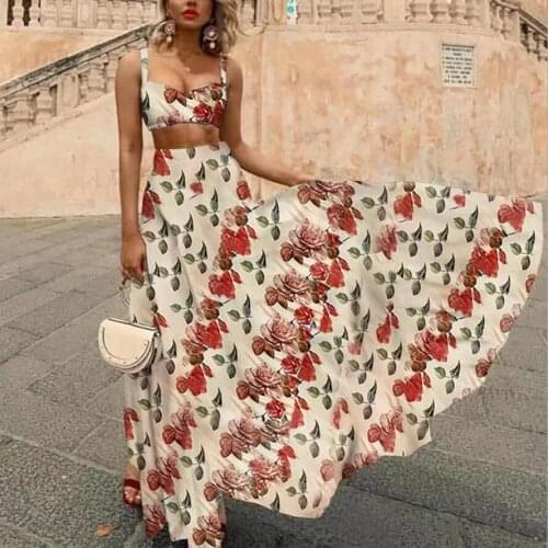 2021 New Bohemian Beach Dress for Women 2 Pcs Print Party Gowns Summer Long Sexy Vacation Dress