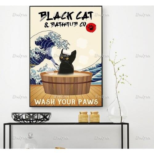 Black Cat And Bathtub Co Wash Your Paws Poster,Funny Cat Art,Bathroom Decor, Home Decor Canvas Wall Art Prints Cat Lovers Gift
