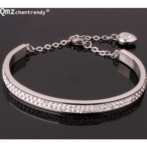 Luxurious CZ Crystal Fine Jewelry Women Titanium Stainless Steel Accessories Zircon Bangle With Heart Charm Girls Bracelets
