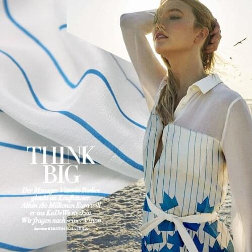 White waxberry Blue paper boat printed silk double crepe silkworm silk fabric summer womens dress fabric freeshipping