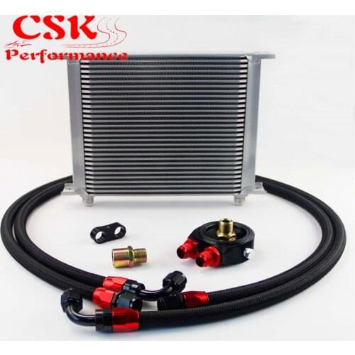 AN8 30 Row 248mm Universal Engine Transmission Oil Cooler British Type + Aluminum Filter Hose End Kit Silver