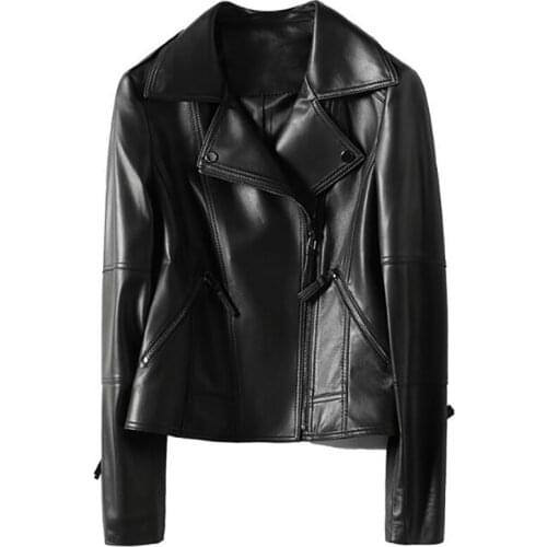 Spring Slim Motorcycle Style Genuine Leather Jacket Womens Short Jacket Black Natural Sheepskin Jackets