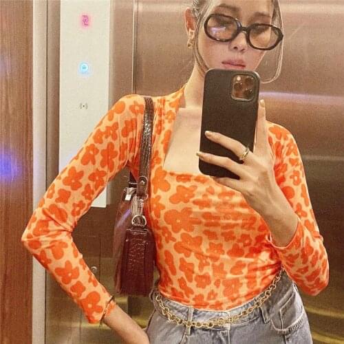 Women Fashion Spring Autumn Square Callor Long Sleeve Floral Printed Slim Tops T Shirts Tess 2020 Autumn Clothes Streetwear