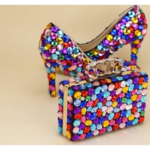 Woman Wedding shoes with matching bags Multicolored Big Luxury Rhinestone Wedding shoe Bridal Bride High shoes and purse set