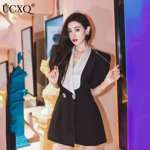 UCXQ Woman Blazer Jacket Hit Color Half Puff Sleeve Notched Bow Slim Show Waist Long Length Vintage Style 2021 New Autumn23XF192
