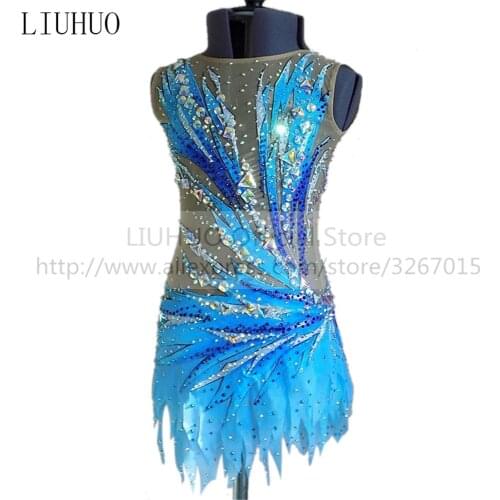 LIUHUO Womens Girls' performance Rhythmic gymnastics competition Leotard Artistic Costume Ice Skating Dress Blue Sleeveless