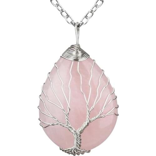 6PCS WaterDrop Roses Quartz Agates Natural Stone Rhodium Copper Wire Wrap Pendant Necklace for Women Collar Reiki Jewelry Free