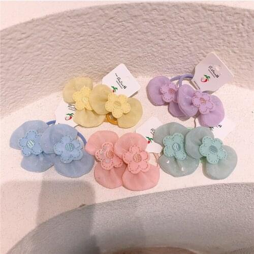 1 Pair Korean Fashion Childrens Flower Rubber Band Hair Accessories Sweet Girl Princess Colorful Yarn Bow Hair Rope Headwear