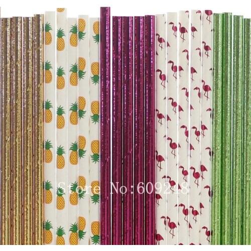 125pcs Party Paper Straws Mix,Pineapple,Solid Color Plain Green Gold Foil,Hot Pink Foil Flamingo,Birthday Baby Shower Pool Decor