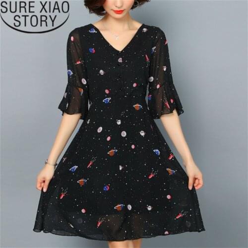 Women Dress 2021 Chiffon Black Dress A-Line Half L-5XL Butterfly Sleeve Empire V-Neck Long Sleeve Dress Plus Size 2474 50