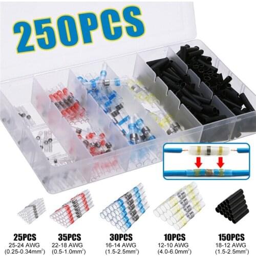 250PCS Box Heat Shink Solder Sleeves Terminals For Wire Butt Connectors Electrice Cable Splice Tinned Crimp 26-10AWG