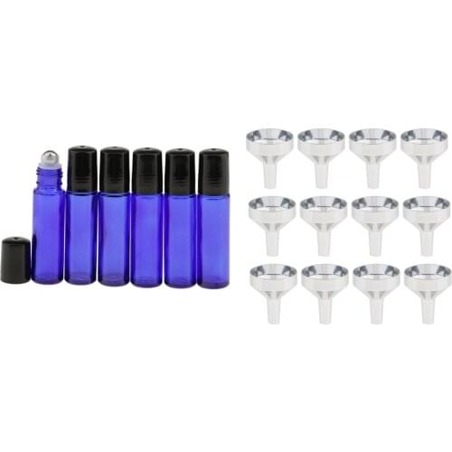 6pcs 10ml Refillable Empty Essential Oils Perfume Glass Roll On Bottles + 12 Mini Aluminum Liquid Funnels Set