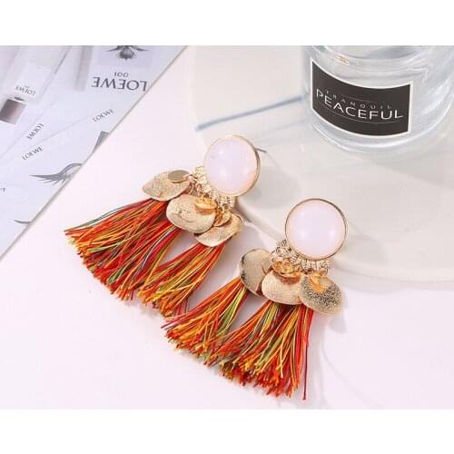 Bohemia Smooth Round Resin Short Polyester Tassels Black Green Claret Navy White Color Drop Earrings Dangle Earrings For Women