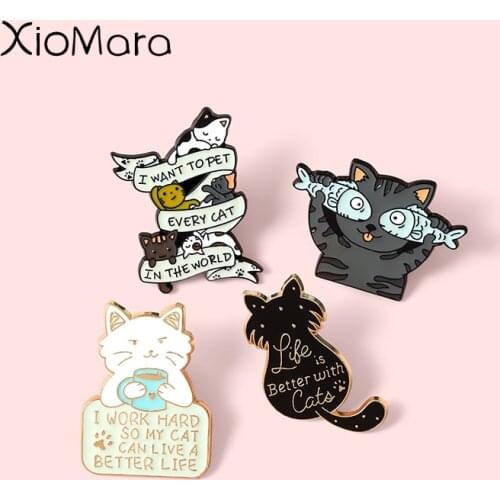 "Life is better with cat" Enamel Pins Cute Pet Brooches Lapel Badges Wholesale Animal Pin Cartoon Jewelry Gifts for Friend