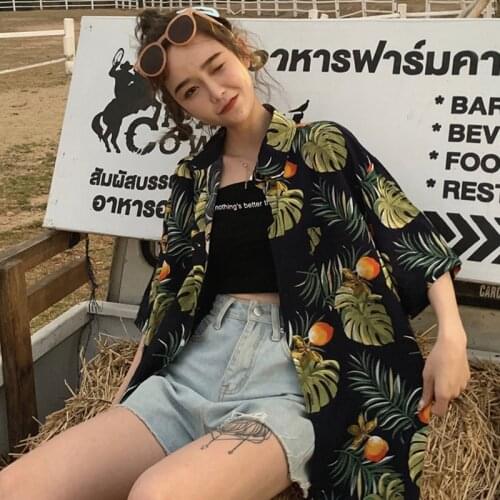 Hawaiian Harajuku Harbor Style Shirt Retro Hong Kong Flavor Top Summer Loose Print Shirt ins Women